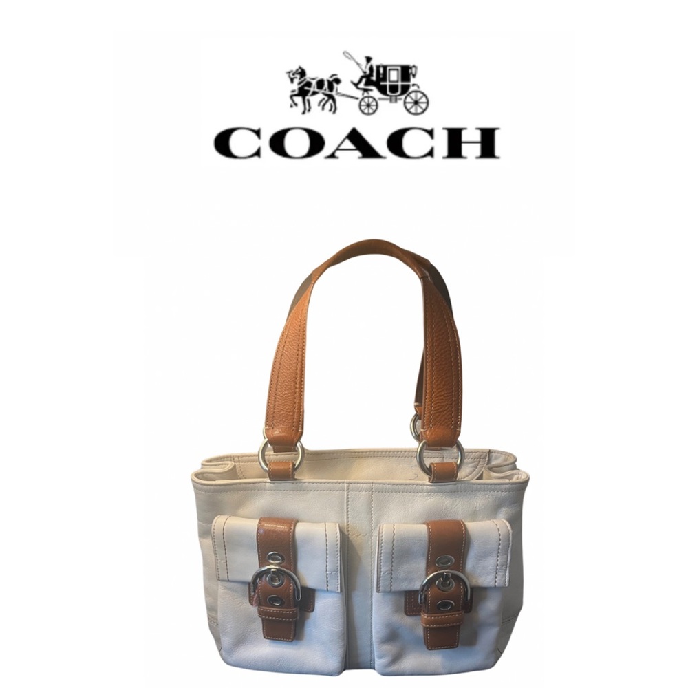 Coach White and Brown Canvas Tote with Front Buckle Pockets